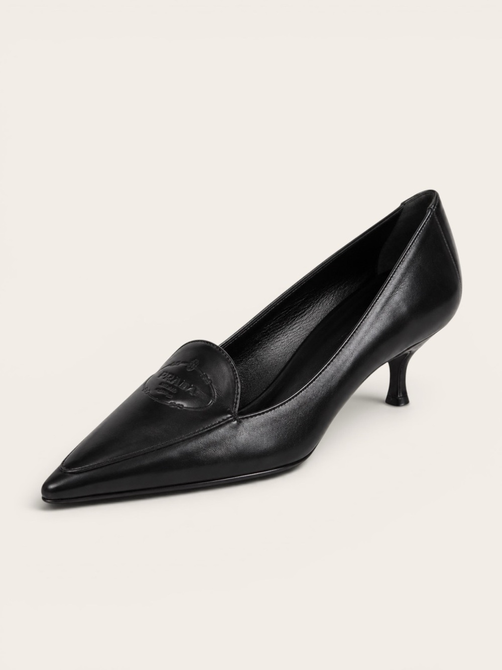 Prada Y2K Embossed Logo Pointed Toe Kitten Heel Pumps